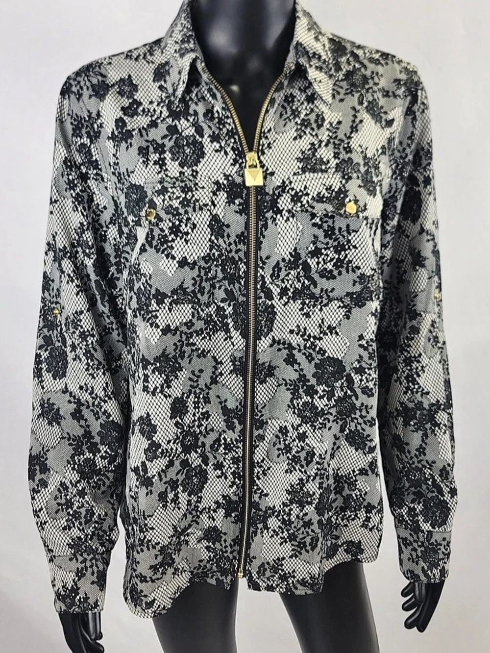 Size Large Michael Kors Floral Zip Jacket in Black & White Like New